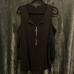 Black Cold Shoulder Long Sleeve Zip-Up Top